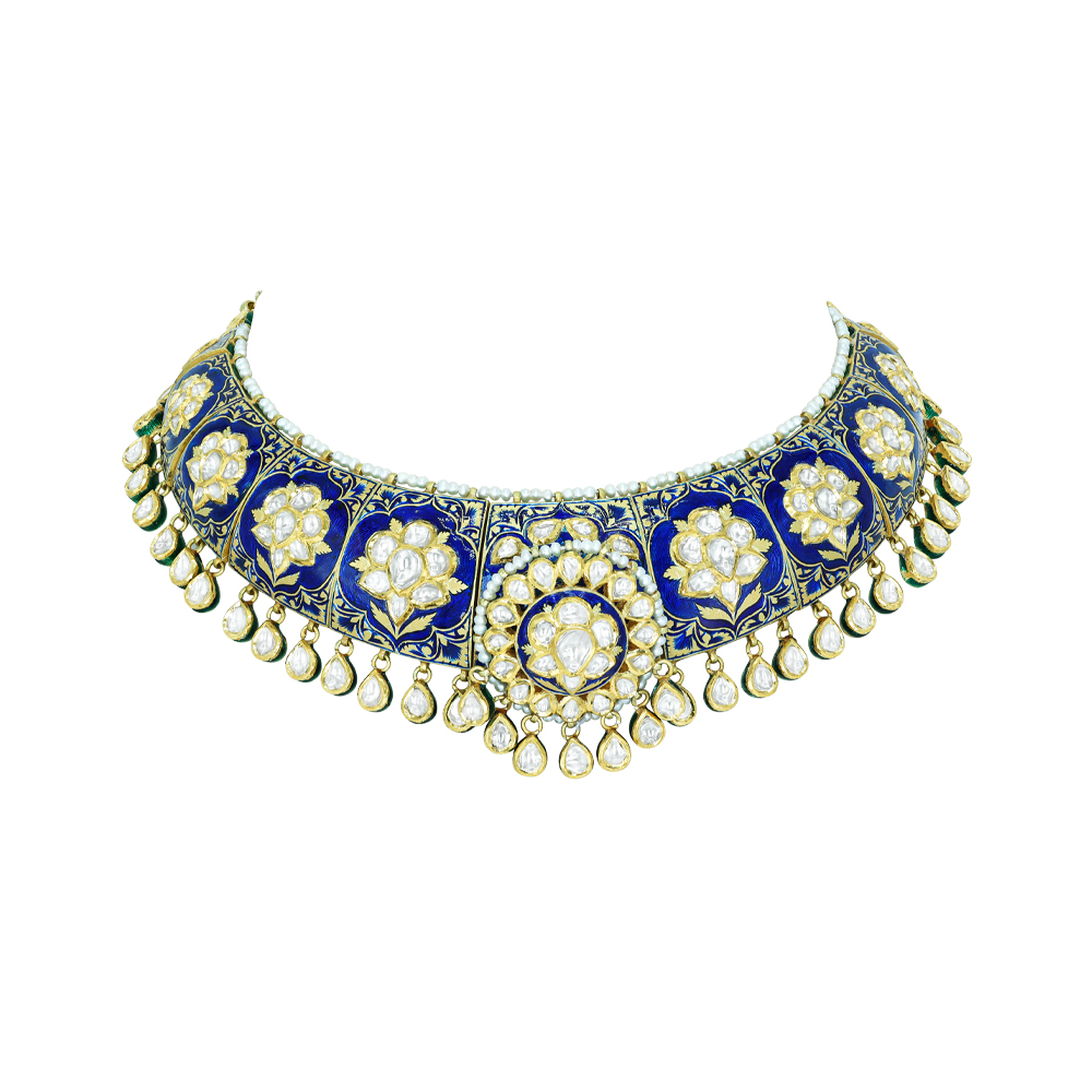 Polki Choker with Blue Enamel, Floral Motifs, and Pearls